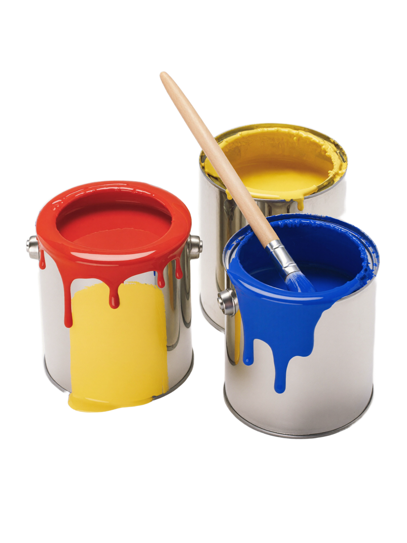 Farbtöpfe mit roter, gelber und blauer Farbe