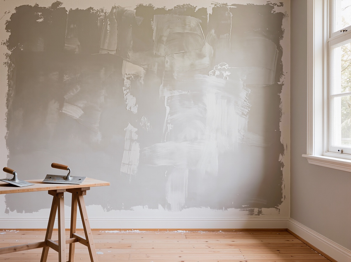 Frisch verputzte Wand mit Glättkelle